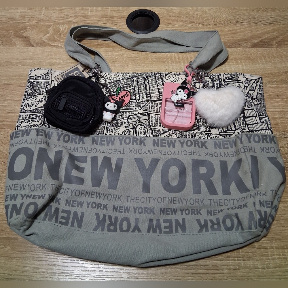Royal Robbins Gray NYC Graphic Tote with VS Pink, B Pure and Sanrio Keychains